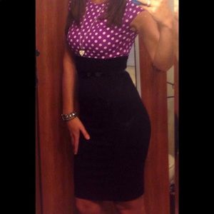 Purple polka dot and solid black pencil dress